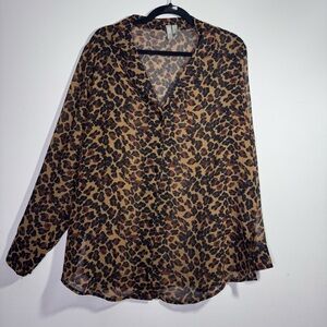 ASOS Leopard Print Sheer Blouse Button Front Long Sleeve Size 12